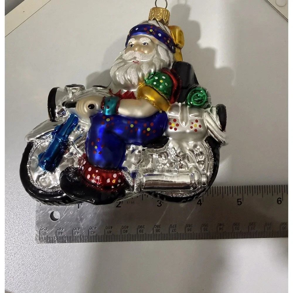 Max Glass Santa Claus Riding Motorcycle Blown Glass Christmas Ornament Poland